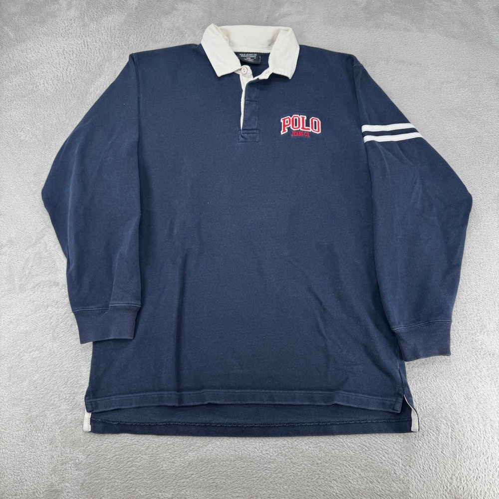 Polo Jeans Co Ralph Lauren Mens Medium Navy Blue Rugby Shirt Preowned LS